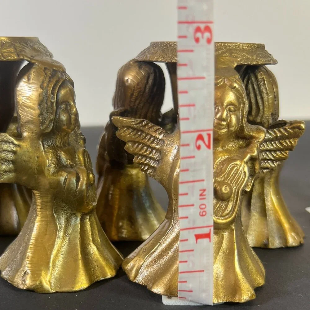 Set Of 2 Vintage Brass Trio Angel Tapered‎ Candle Holders 3
